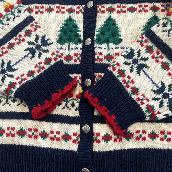Christmas Cardigan Sweater SZ Large Fair Isle Holiday Trees 100% Wool Collared - Picture 7 of 13